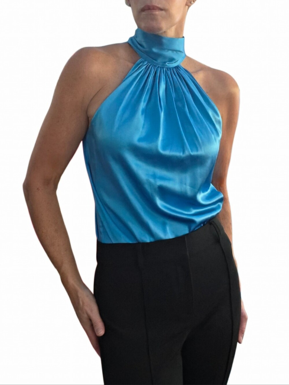 NWT. RAMY BROOK Lori Silk Halter Top In Lake Blue